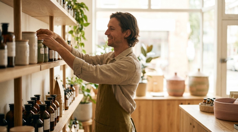 Pharmacist organizing shelves in a clean modern pharmacy