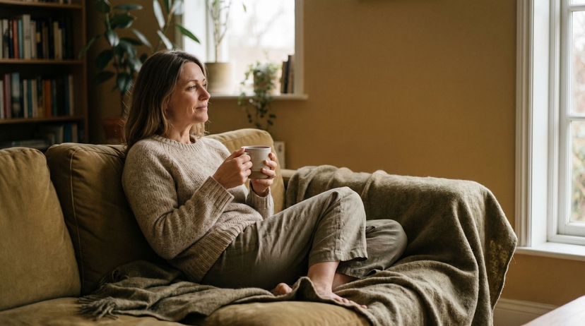 Woman resting on a couch with a cup of tea