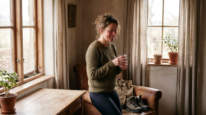 Woman drinking a glass of water by a bright window