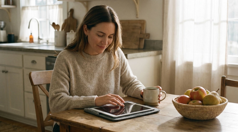 Woman reading on a tablet with tea in a sunlit kitchen
