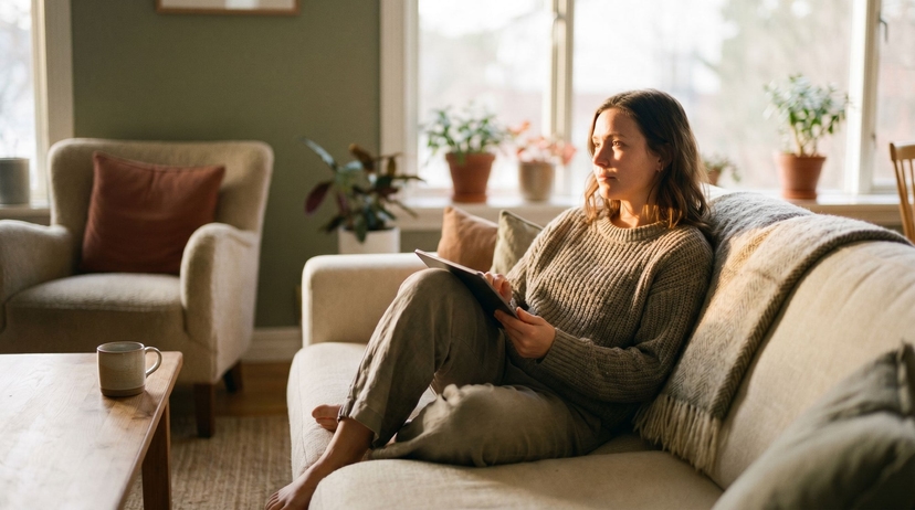 Woman researching on a tablet on a sofa