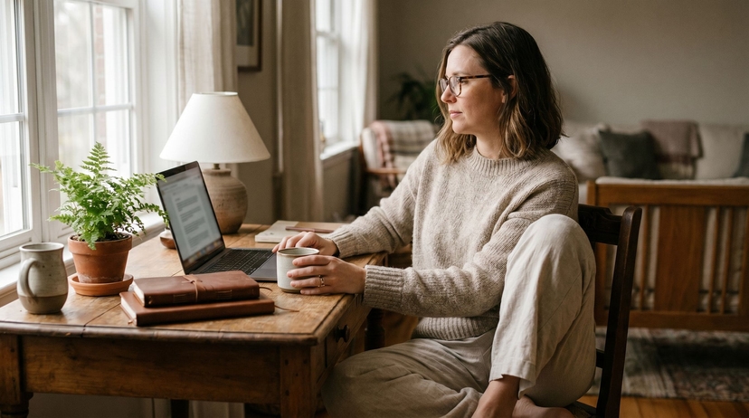 Woman reading on a laptop at a desk by a window