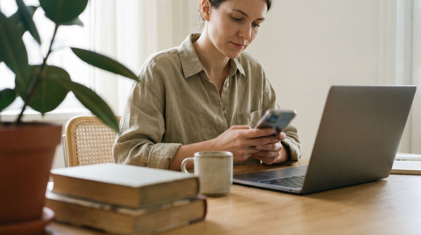 Woman checking her phone and laptop at a desk