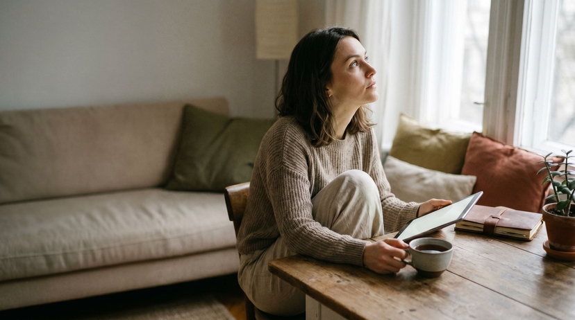 Woman reading on a tablet at a table