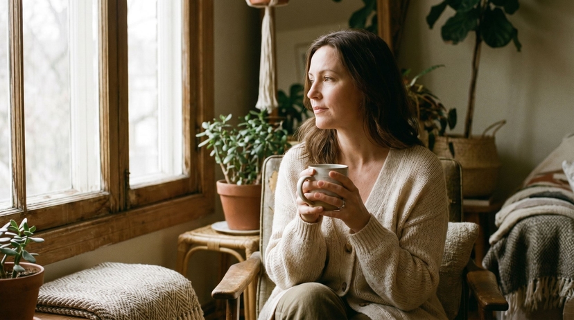 Woman holding tea in quiet reflection by a window