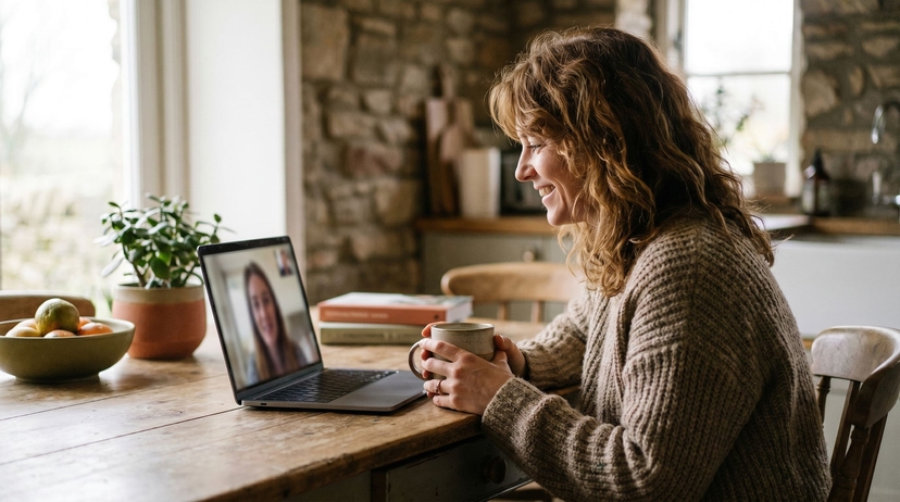 Woman on a telehealth video call at her kitchen table
