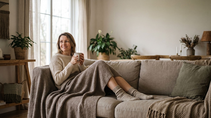 Woman relaxing on a sofa with a warm mug and a blanket