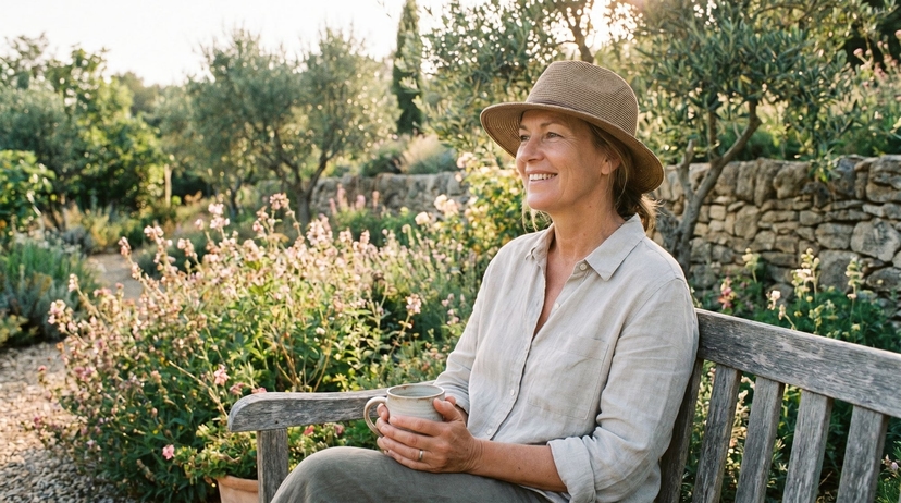 Woman smiling outdoors in a sunny garden