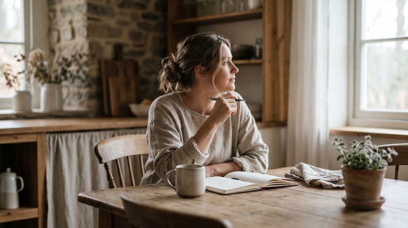 Woman journaling at a kitchen table with tea