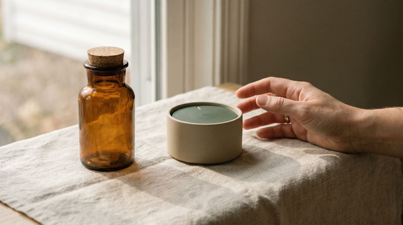 Amber compounding vial beside a calm ceramic dish in soft daylight — clinician-set, personalized GLP-1 dosing.