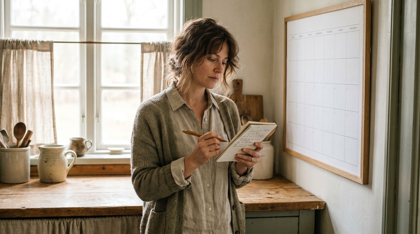 Woman checking a calendar in a bright kitchen