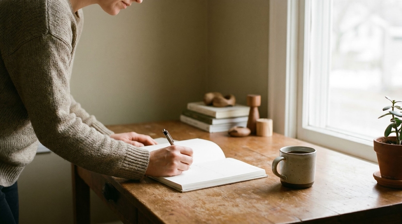 Person writing in a planner at a sunny desk