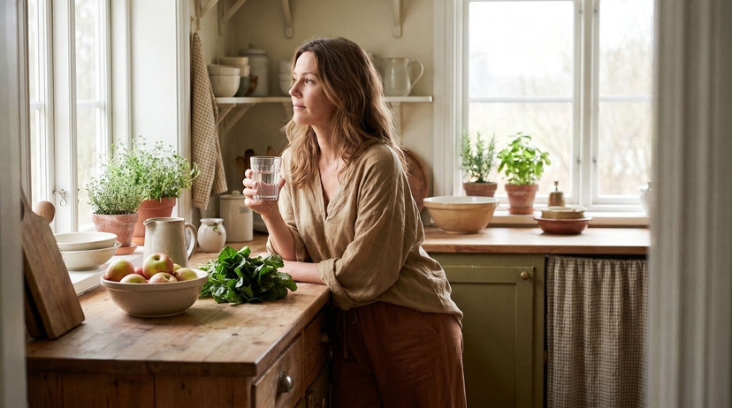Woman in a bright kitchen with water and fresh produce