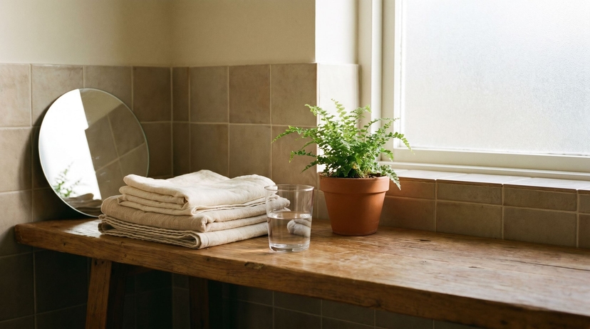 Calm tidy bathroom vanity with folded towels and a glass of water