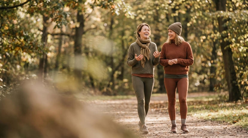 Two friends power-walking together in a park