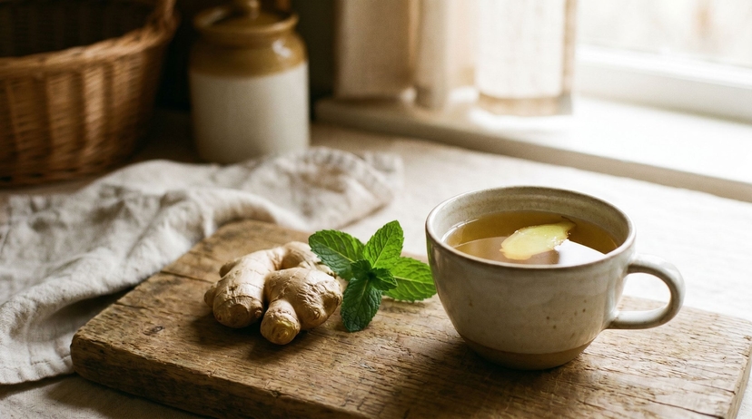 Ginger tea with fresh ginger and mint on a kitchen counter