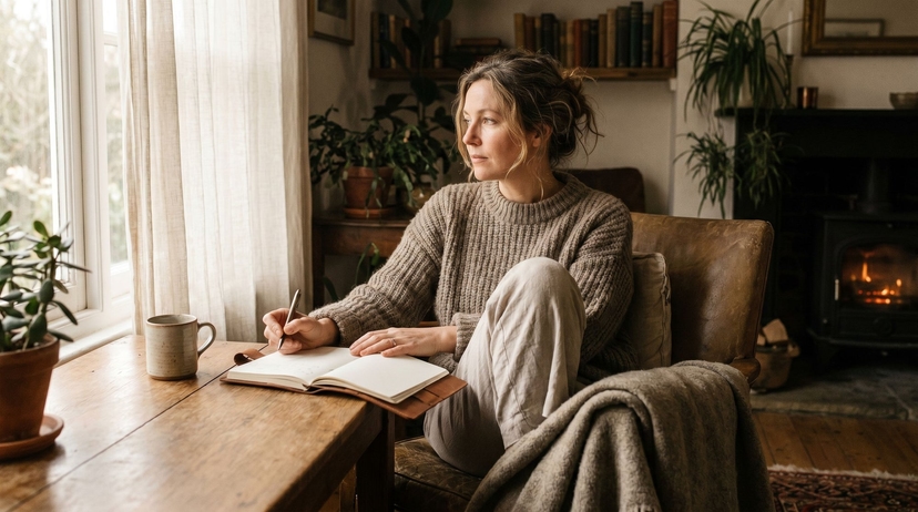 Woman journaling with coffee in a sunlit living room