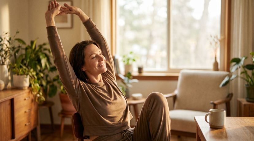 Woman stretching by a sunny window in the morning