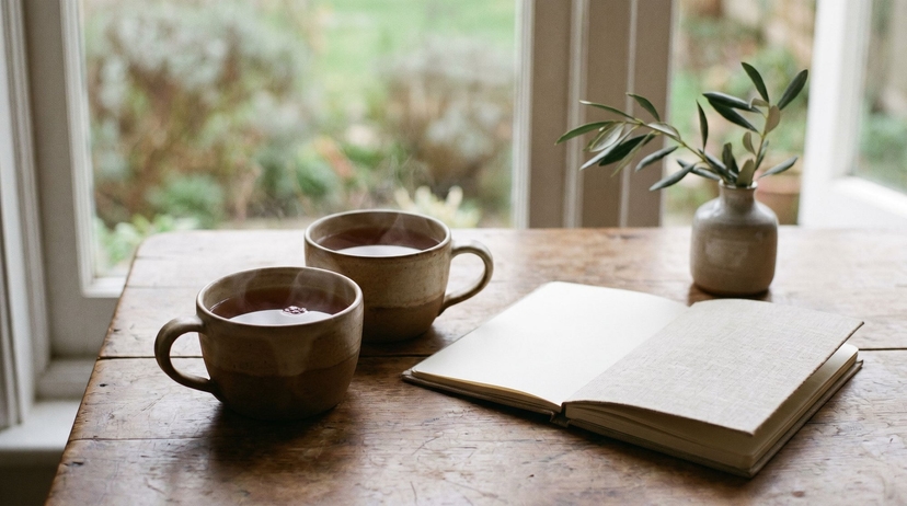 Two mugs of tea and a notebook on a table by a window