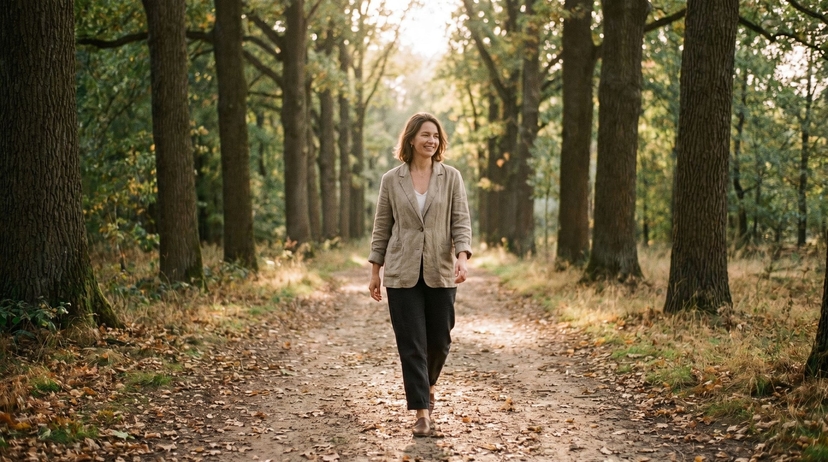 Woman walking a tree-lined path in soft daylight