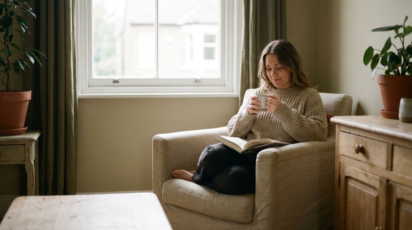 Woman reading a book with coffee by a window