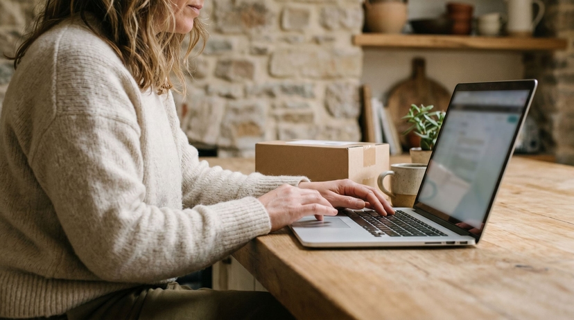 Woman at a kitchen counter using a laptop with a plain parcel nearby