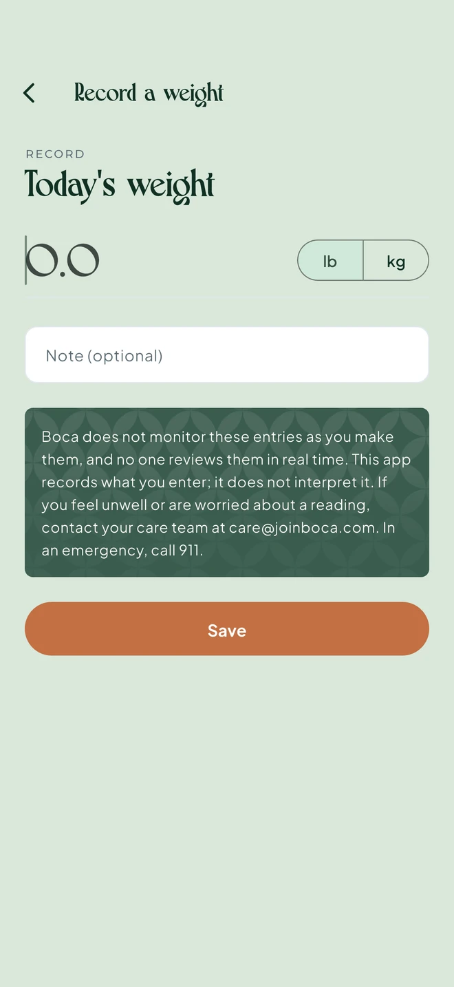 Boca Care weight recording screen